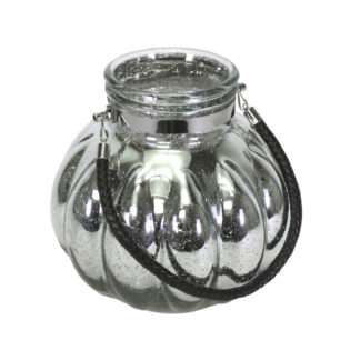 Windlicht Teelichthalter Kürbis Kürbisform XXL Bauernsilber Glas silber rund bauchig mit Henkel in Lederimitat