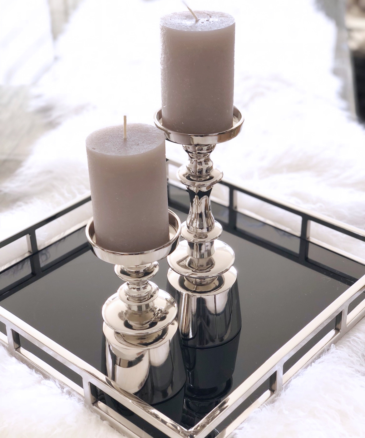 Edles Tablett Edelstahl quadratisch Art 40 silber cm Glasboden & – Flourou Design Interior mit schwarzem Luxury