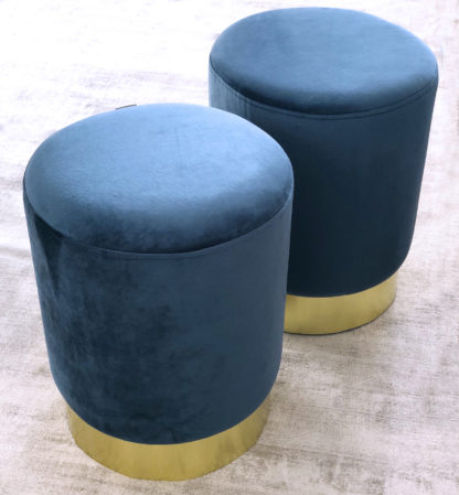 Samthocker, Sitzhocker blau grau, Samt und Metall, 43x35 cm