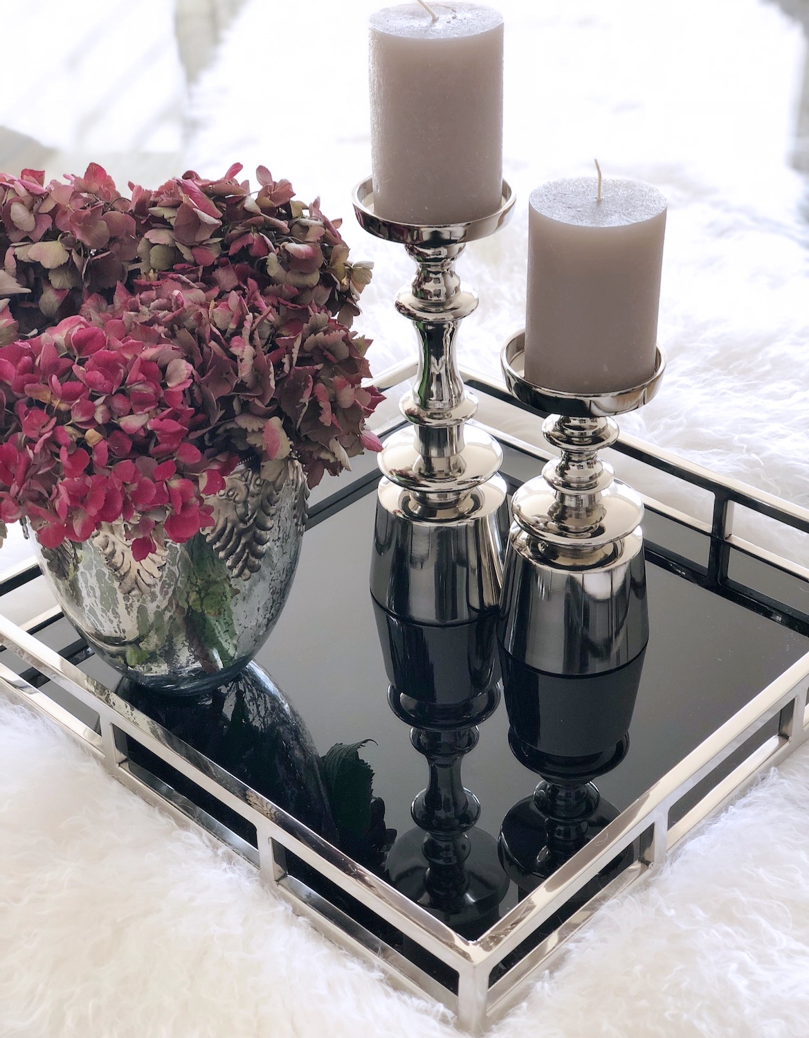 schwarzem Edelstahl 40 Luxury Tablett mit Edles – quadratisch Flourou & Glasboden silber Design Art Interior cm