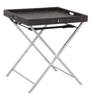 Tablett-Tisch Beistelltisch braun grau Leder Nachttisch Serviertisch Leder braun Tisch klappbar mit abnehmbarem Tablett in Leder Vintage braun grau Untergestell aus poliertem Metall Beine Nickel Light and Living Danley