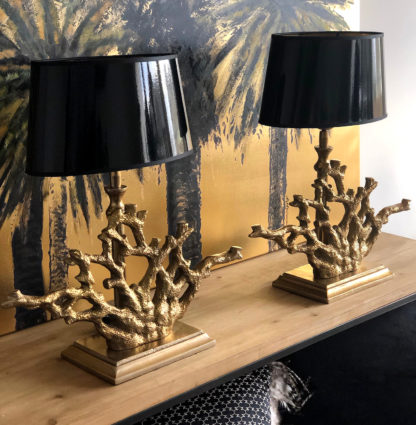 Tischlampe Koralle gold bronze sehr edel mit Lampenschirm Lack schwarz und gold ca 50 cm Hoch Dschungel Look Mediterran Maritim Korallen-Look Sommer Meer Meerespflanzen Korallen Motiv