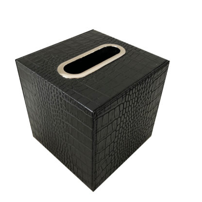 Tissuebox Kosmetiktuch-Box schwarz Leder Krokoprint Reptilprint Krokolederimitat mit Edelstahlring Kosmetiktuch Spender quadratisch