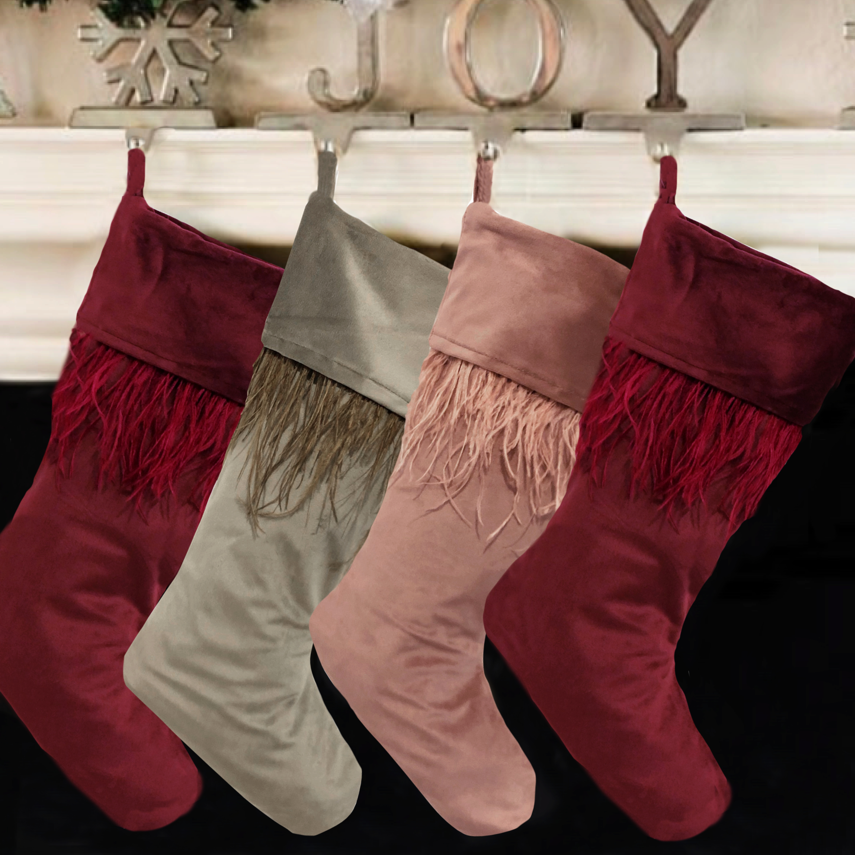 Nikolausstiefel Weihnachtsteifel Dekohänger Socke Weihnachtsstrumpf Samt in rosa taupe beige rot Bordeauxrot mit echten Federn Samtstiefel Samt Weihnachtsstiefel Kaminstiefel Samt Aufhänger Stiefel Nikolaus, Santa Claus Weihnachten Kamin