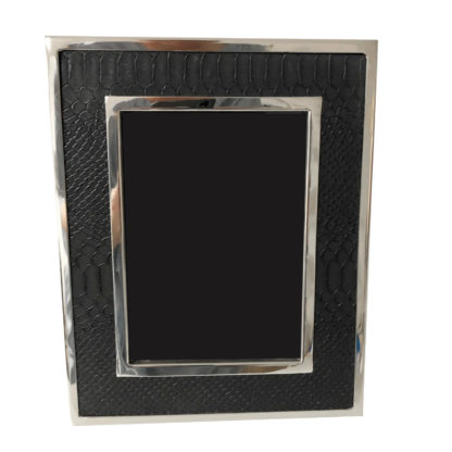Bilderrahmen Edelstahl schwarz silber Leder Kroko Reptil-Optik mit Edelstahlrahmen 24x9x2 cm für 10x15 Bilder