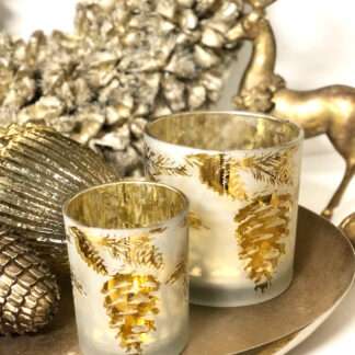 Teelicht Tannenzapfen Pinie Weiß gold Glas Teelichthalter Windlicht Zapfen Pinie Tannenzapfen Eichel gold weiß Kerzenschimmern Weihnachtsdekoration