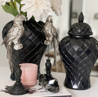 Deckelvase schwarz Rautenmuster Dekovase Vase mit Deckel rund bauchig edel elegant Dekoration Dekolieblinge ceramic Jar temple jars black