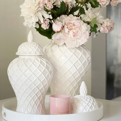 Deckelvase weiß Rautenmuster Dekovase Vase mit Deckel rund bauchig edel elegant Dekoration Dekolieblinge ceramic Jar temple jars