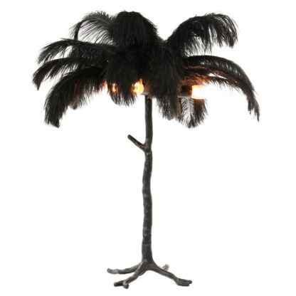 Tischlampe Palme schwarz mit echten Straußenfedern exotische Tischlampe Dschungel Luxus Stil Dekoration edel