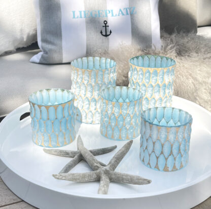 Windlicht türkis Kristall blau gold Teelichthalter Sommer Teelichter Licht Strand Terrasse Sommerdekoration
