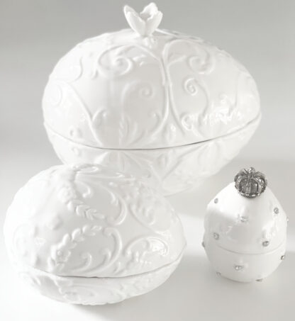 Osterei Deckeldose Osterei-Dose weiß Relief Porzellan Keramik XL großes Osterei Bonboniere weiß Ostern Osterdekoration