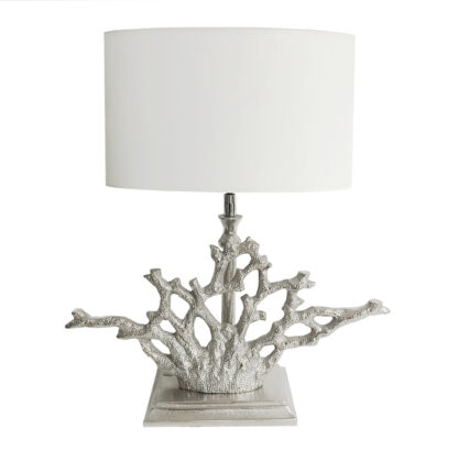 Tischlampe Koralle silber mit Lampenschirm weiß oval edel Sommer Mediterran Sommerdekoration Strand Meer