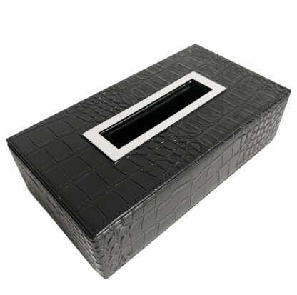 Tissuebox Kosmetiktuch-Box schwarz Leder Krokoprint Reptilprint Krokolederimitat mit Edelstahlring Kosmetiktuch Spender lang