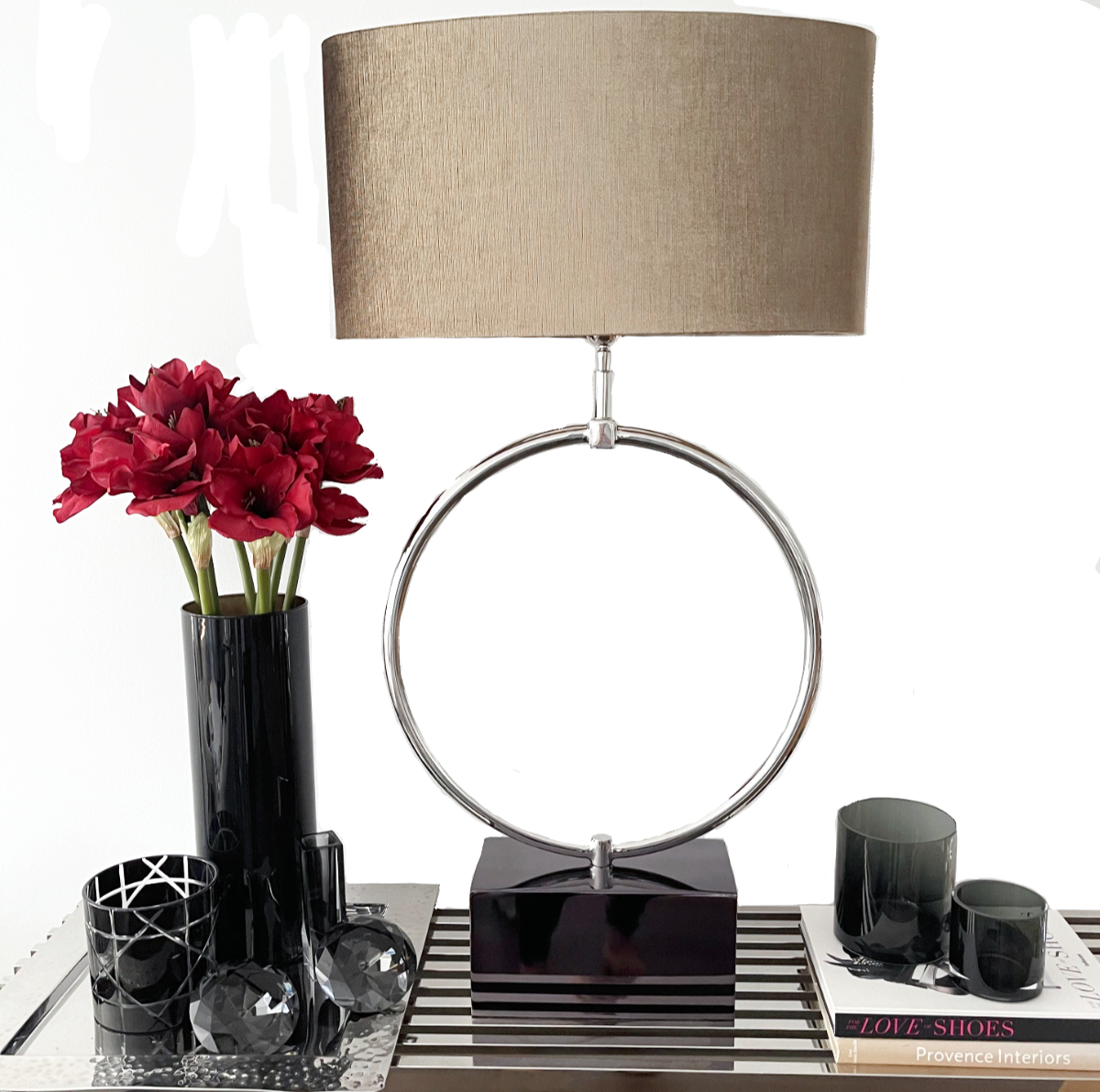 Tischlampe silber Kreis rund Design mit Luxury & 110 – bronze Lampenschirm Art Flourou Interior cm gold