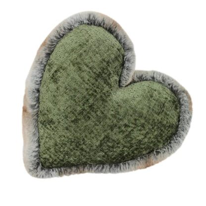 Kissen Herzform grün Dekokissen Herzkissen Form Herz und Fell edel steen design grün mit Webpelzkante Fell taupe