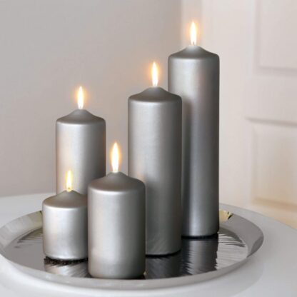 Stumpenkerze Kerze grau metallic Kerze grau von Fink edel lange Brenndauer Kerzenwachs Licht Weihnachtsdekoration Adventskranz Kerzen