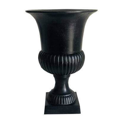 Pokalvase Amphore Vase Metall schwarz auf Sockel Blumenvase schwarz klassisch massiv schwere Pokalvase schwarz Metall