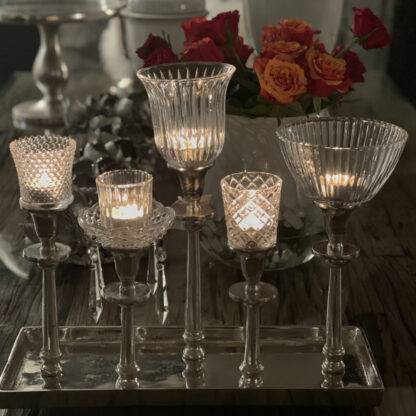Kerzenhalter Tablett 5armig Kerzenständer auf Tablett silber Metall Alu mit Teelichthalter Glas edel Teelichtleuchter Tablett länglich