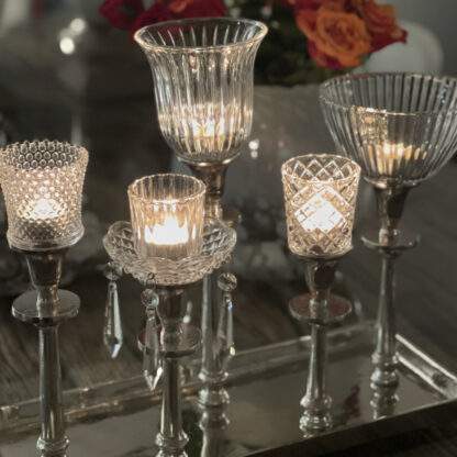 Kerzenhalter Tablett 5armig Kerzenständer auf Tablett silber Metall Alu mit Teelichthalter Glas edel Teelichtleuchter Tablett länglich