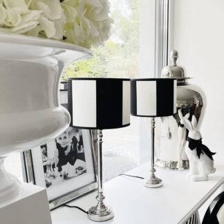Tischlampe silber mit Lampenschirm schwarz weiß breit gestreift edel 20 cm Stoff Licht Dekoration
