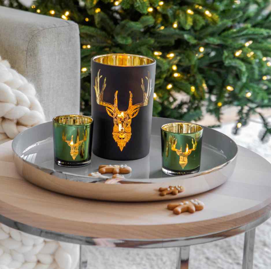 Teelichthalter Windlicht Hirsch Luxury – 18 Design Interior Art Flourou & gold Geweih schwarz cm