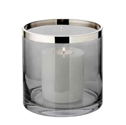 Windlicht grau smoke Glas mit Platinrand edel Kristallglas dunkel Teelichthalter 15 cm XL Licht Tischdekoration Lichterschein