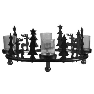 Adventskranz schwarz oval mit Hirschen und Tannen Teelichhalter Kerzenhalter schwarz 50 cm Weihnachtskranz schwarz Herbst und Weihnachtsdekoration