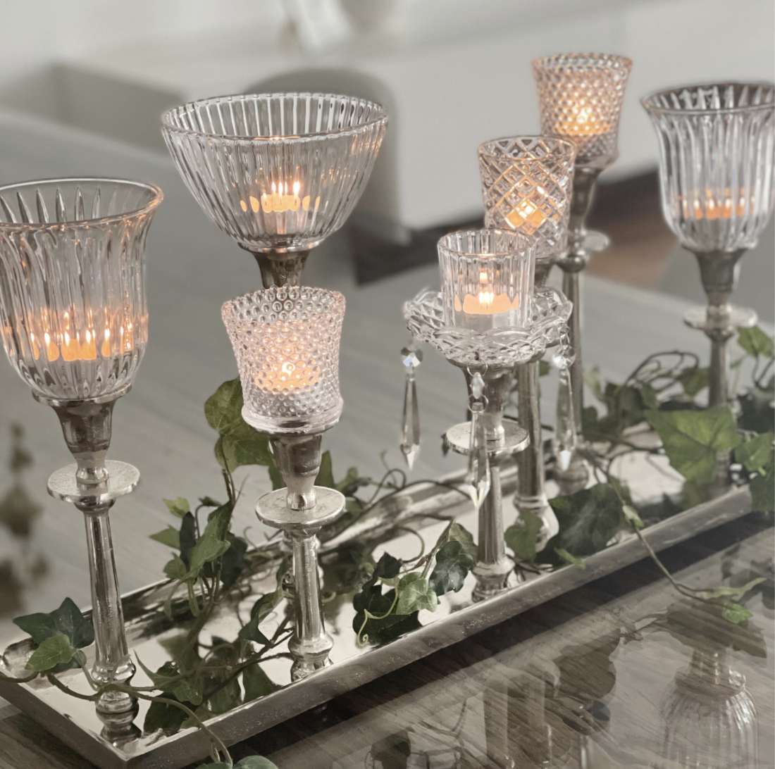 7armig Art Tablett – cm silber Kerzenhalter Flourou & Metall Interior mit 61 Design Luxury Teelichtgläser