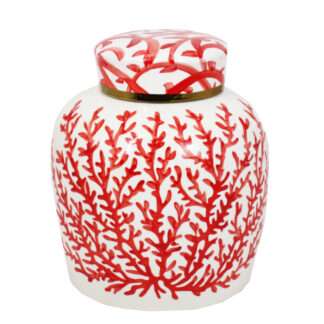 Deckelvase Koralle weiß Korallenrot Vase mit Deckel Motiv Koralle Maritim Sommerdekoration Strand Meer Meerestiere Syltstil Landhaus