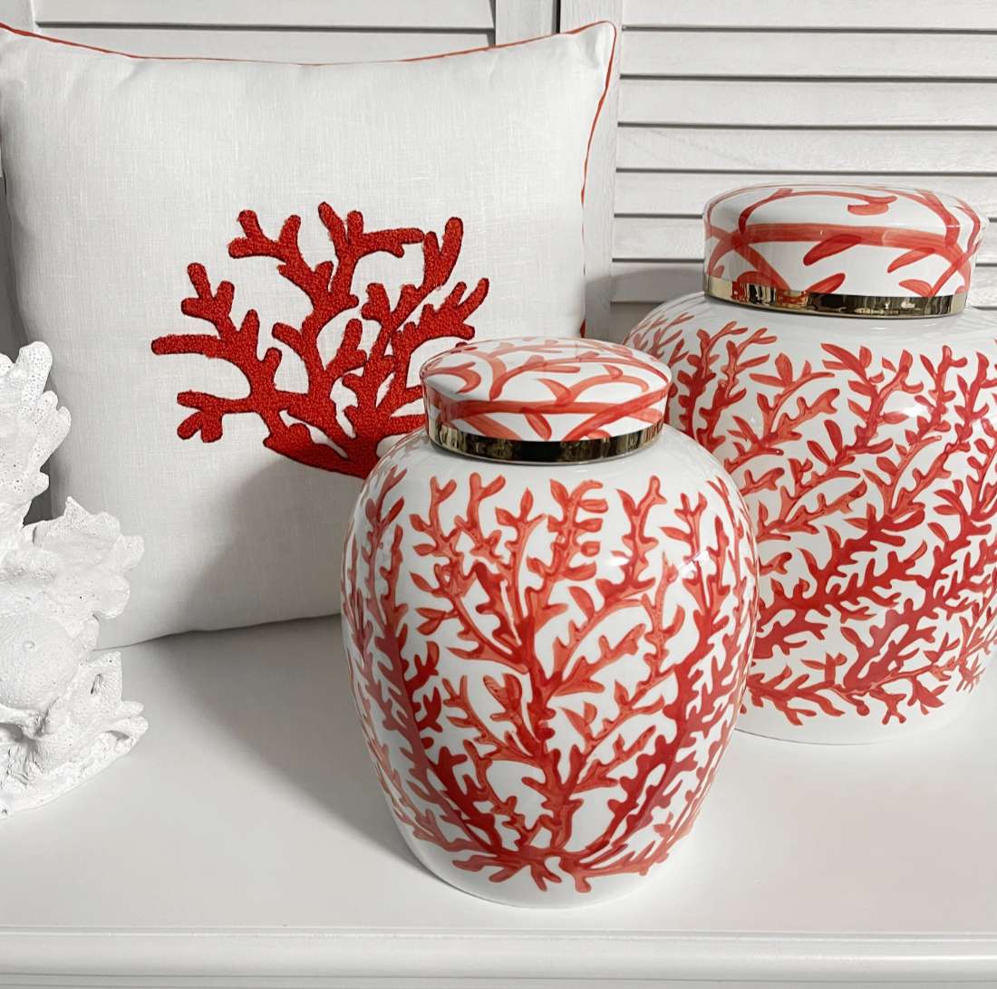 cm Leinen & Luxury Deko-Kissen – Flourou bestickt Design Interior Koralle weiß 45 rot Art