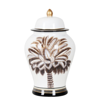 Deckelvase weiß braun Palme Keramik 45 cm Porzellan Vase mit Deckel rund bauchig edel elegant Dekoration Dekolieblinge Ginger Jar Vase