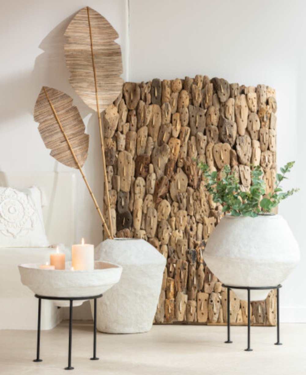Pappmache aus cm 55 Design Flourou & Topf Luxury Deko-Vase Ständer mit – Set weiß Art Interior