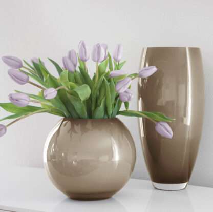 Fink Glasvase Moon grau opal taupe rund bauchige Vase 25 und 20 cm edle Vase rund Blumenvase Blumentopf Glas grau taupe