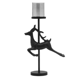 Windlicht springender Hirsch schwarz auf Ständer mit rauchigem Glas Hirschdekoration Dekoration Hirsch Chalet Hüttelstil