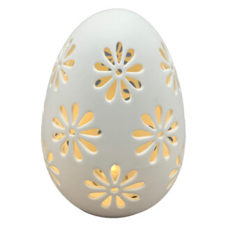 LED Osterei weiß aus Porzellan Dekoei LED mit Blumenmuster edel 15 cm groß Osterdekoration Ostern Osterei weiß