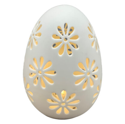 LED Osterei weiß aus Porzellan Dekoei LED mit Blumenmuster edel 15 cm groß Osterdekoration Ostern Osterei weiß