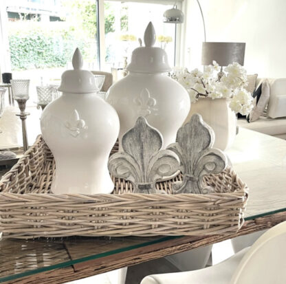 Deckelvase weiß Muster Lilie 41 cm und 52 cm Dekovase Vase mit Deckel rund bauchig edel elegant Dekoration Dekolieblinge must have