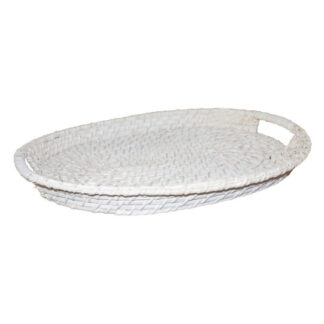 Tablett aus Rattan weiß oval mit Griff 50 cm edel Shabby chic Landhaus mediterran Serviertablett Dekotablett Rattantablett
