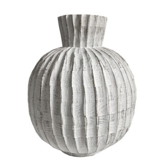 Vase weiß beige geriffelt aus Holz Dekovase bohostyle Landhaus Dekovase edel groß bauchig