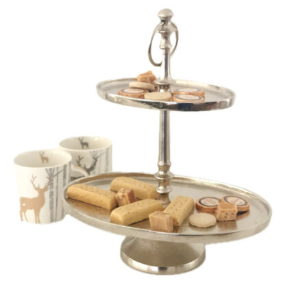 Etagere silber oval Aluminium Metall 2-stöckig Etagere Alu raw mit Griff 2er Etagere Konfektschale Keksschale Bonboniere Schale Dekoration von Pralinen und Köstlichkeiten Tischdekoration