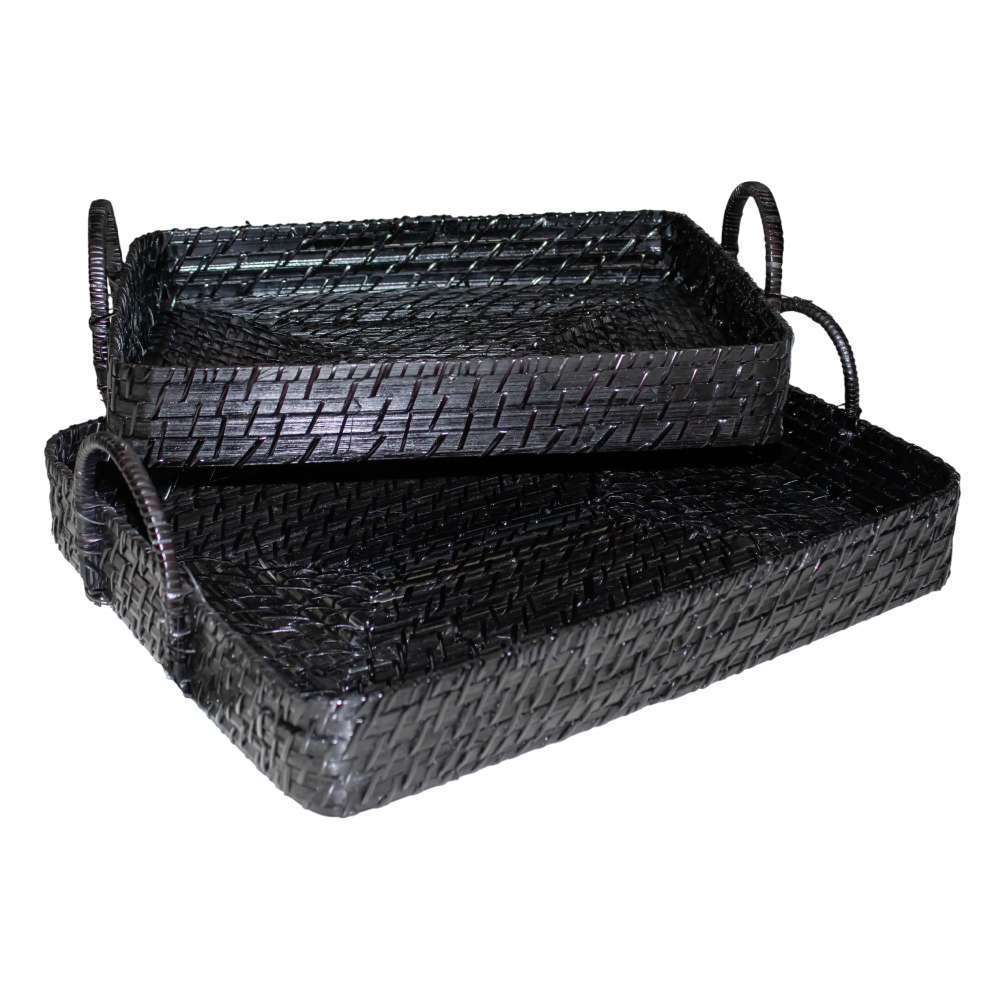 Tablett Deko-Tablett Rattan schwarz 44 cm groß mit Griff edel Rattantablett in zwei Größen erhältlich