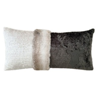 Kissen Dekokissen Hirsch Hirschgeweih Hirschkof braun mit Fell Webpelz beige taupe bestickt Hirschkopf edel Steen design Jäger Herbstdekoration Chalet Fellkissen 70x35 cm