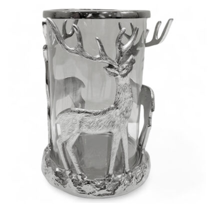 Kerzenhalter Windlicht Teelicht Hirsch Hirschgeweih silber Metall mit Glaseinsatz 33 cm XL edel Hirschdekoration Hirschliebhaber