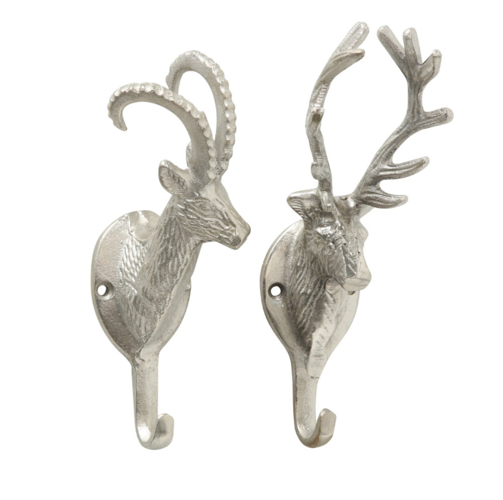 Kleiderhaken Garderobenhaken, Wandhaken, Hirsch Hirschgeweih Hirschkopf silber Alu 2er Set
