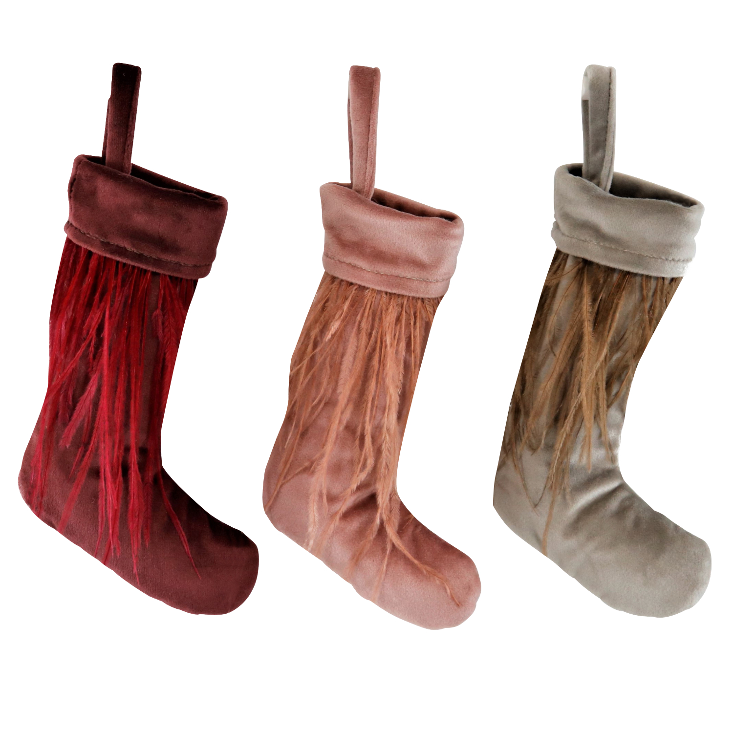 Nikolausstiefel klein Weihnachtsstiefel rosa rot taupe Dekohänger Socke Weihnachtsstrumpf Weihnachtssocke Samt in rosa taupe beige rot Bordeauxrot mit echten Federn Samtstiefel Samt Weihnachtsstiefel Kaminstiefel Samt Aufhänger Stiefel Nikolaus Santa Claus Weihnachten Kamin