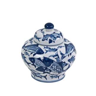 edle Deckelvase blau weiß Motiv Fische maritim 24,5 cm edel Ginger Jar fish Deko Deckelvasen deep sea Deckelvase Motiv Fische