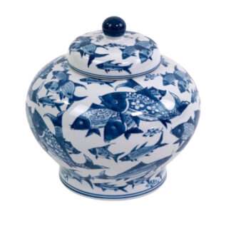 edle Deckelvase blau weiß Motiv Fische maritim 32 cm edel Ginger Jar fish Deko Deckelvasen deep sea Deckelvase Motiv Fische