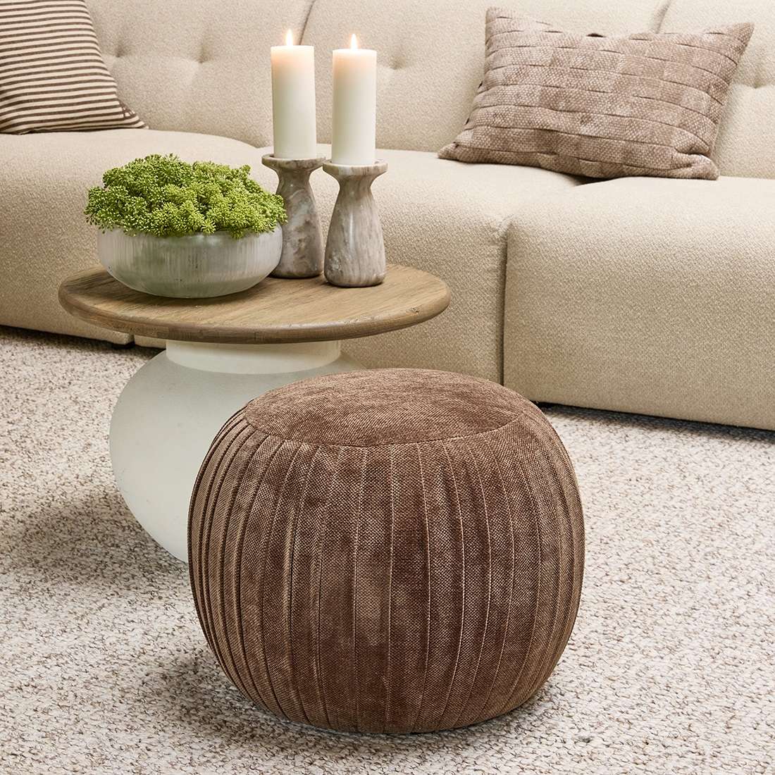Riviera Maison Hocker Pouf Paris Footstool Grime braun rund edel Stoffhocker Sitzhocker braun 50x41 cm