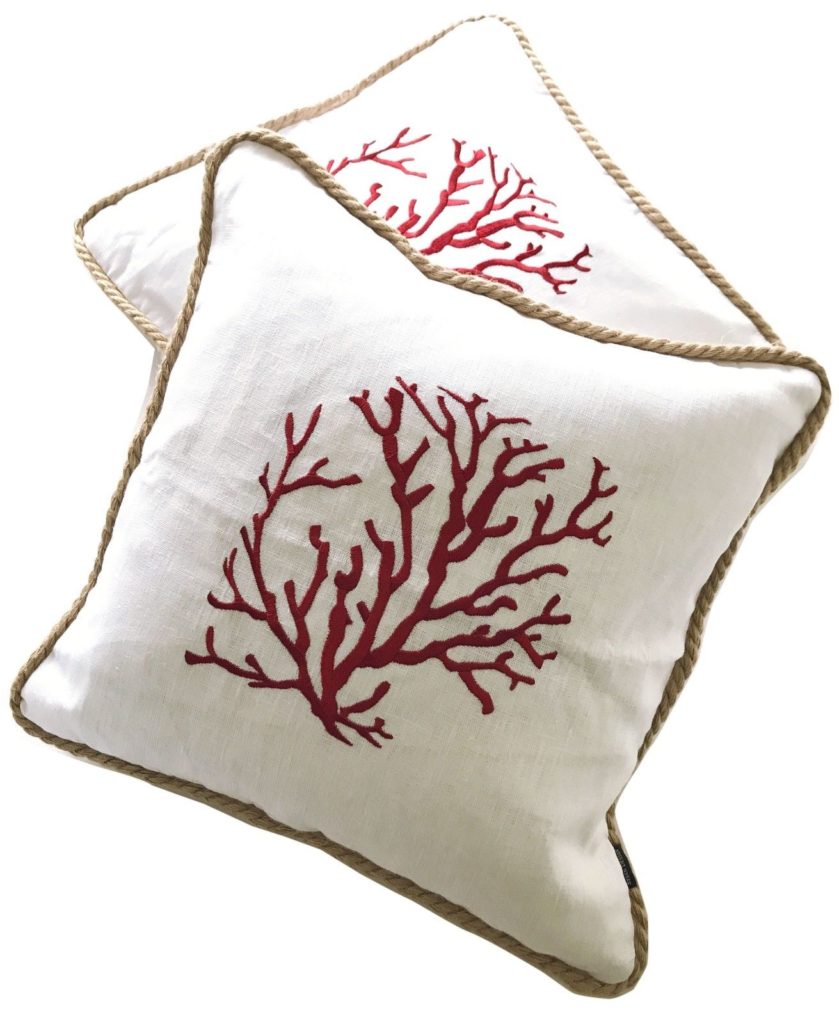 Deko Kissen Koralle rot Leinen weiß 45 cm mit Kordel & Inlett – Flourou